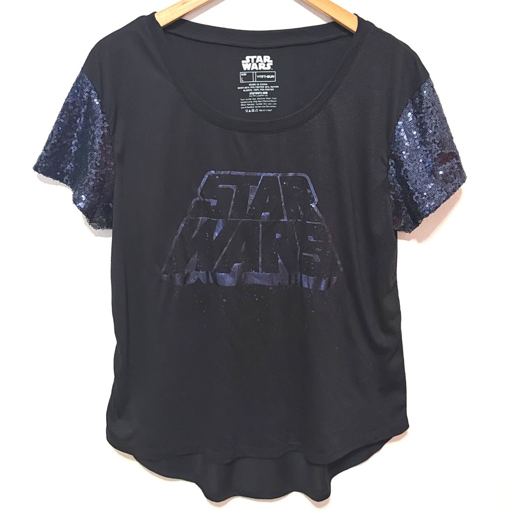 Fifth Sun Star Wars Graphic Tee Sz L Sequin Sleeve Black High Low Shirt Sci-Fi
